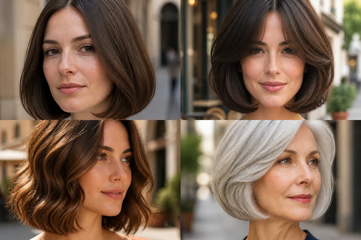 Four women wearing classic, curtain-bang, wavy and silver Italian bob haircuts