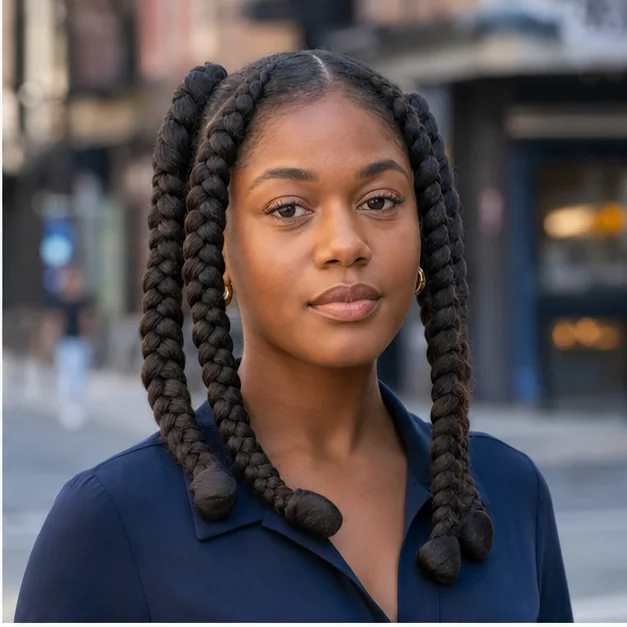 Black woman with four jumbo braids on natural hair