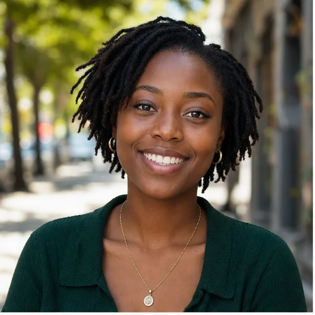 Black woman wearing free short locs in a rounded shape
