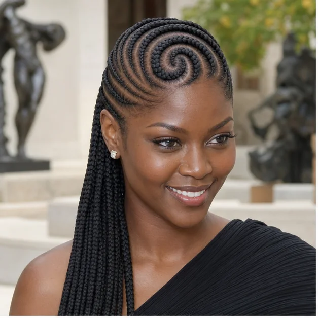 Black woman with freestyle swirl feed-in braids