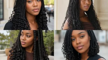 Collage of four French curl braid styles on Black women