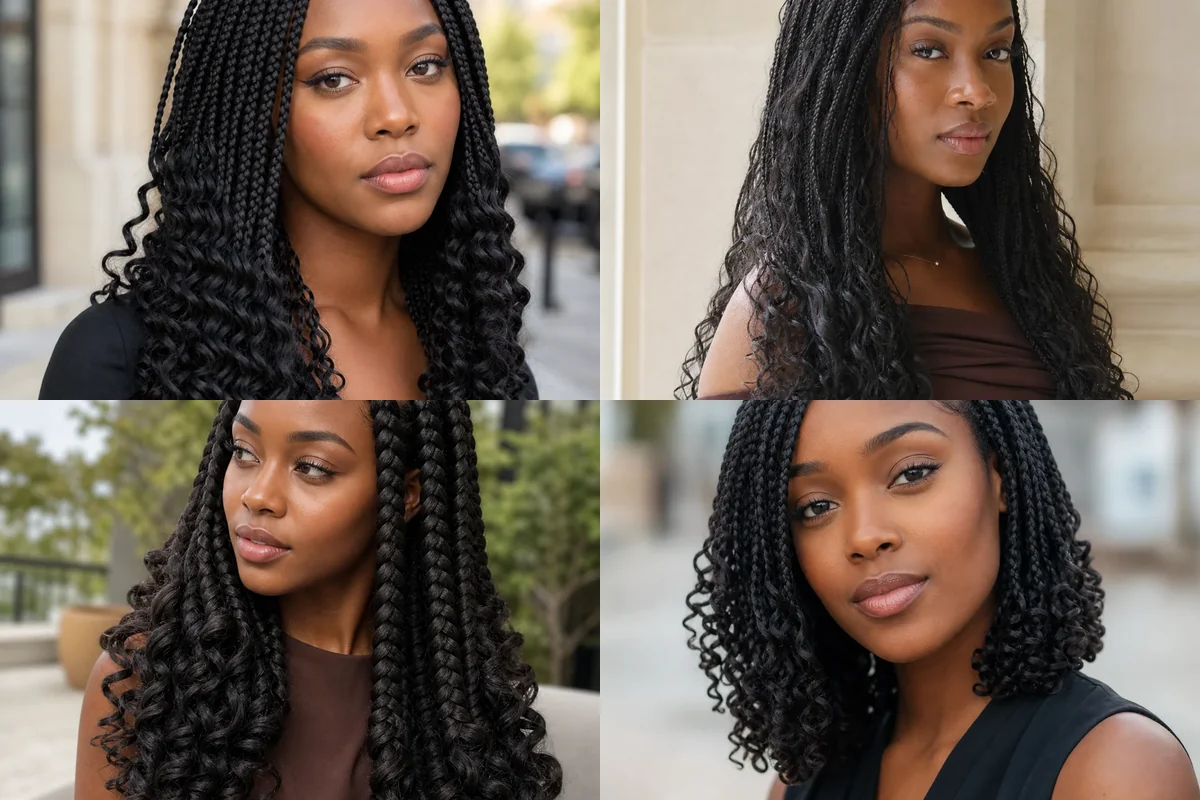 Collage of four French curl braid styles on Black women