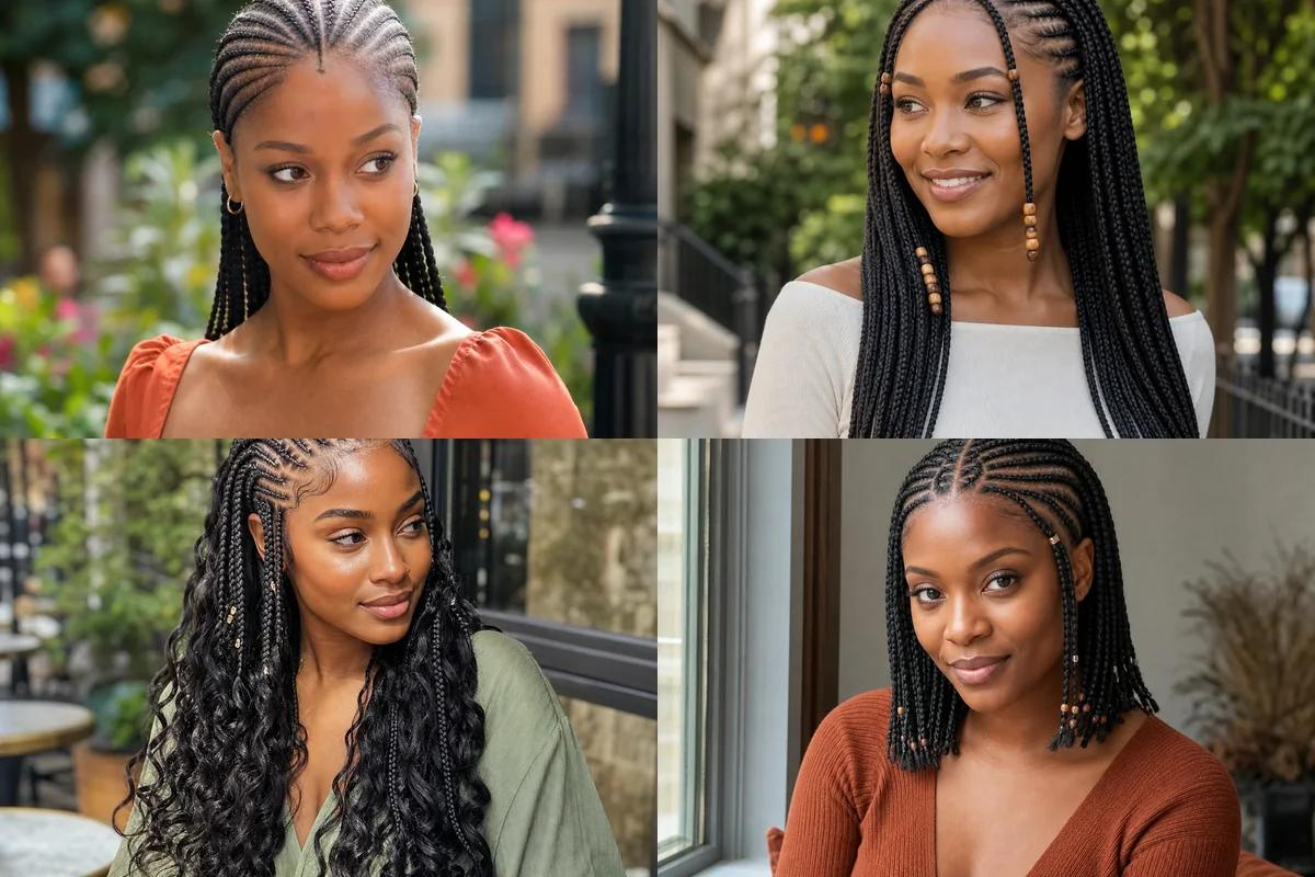 Collage of four Fulani braid styles on Black women