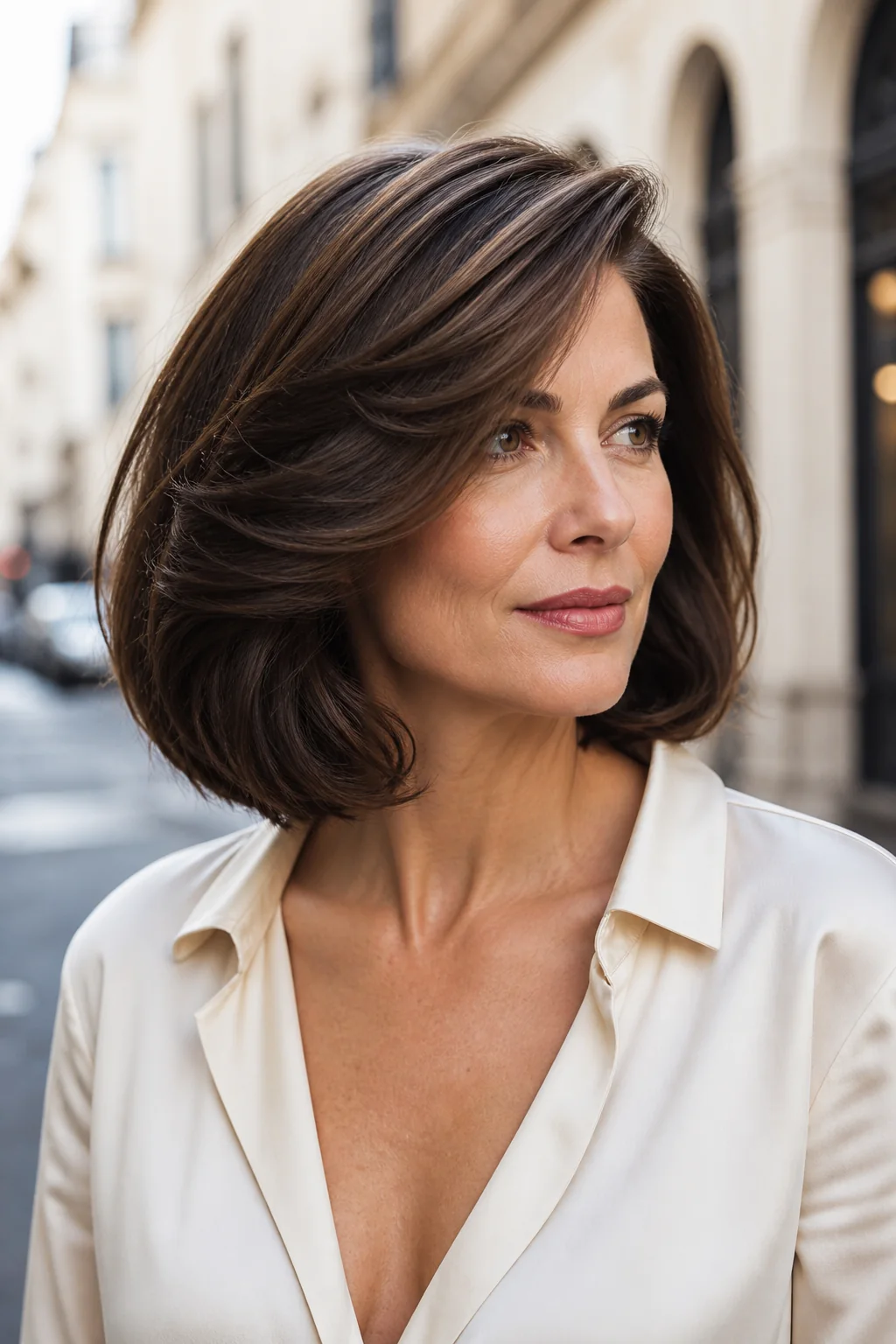 White woman with brunette hair wearing a glamorous Italian bob blowout