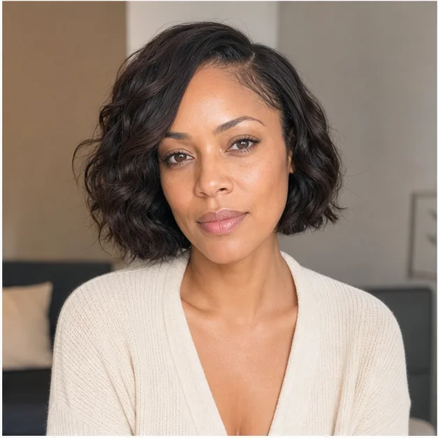 Black woman wearing a natural-looking glueless wig over a low-tension cornrow base