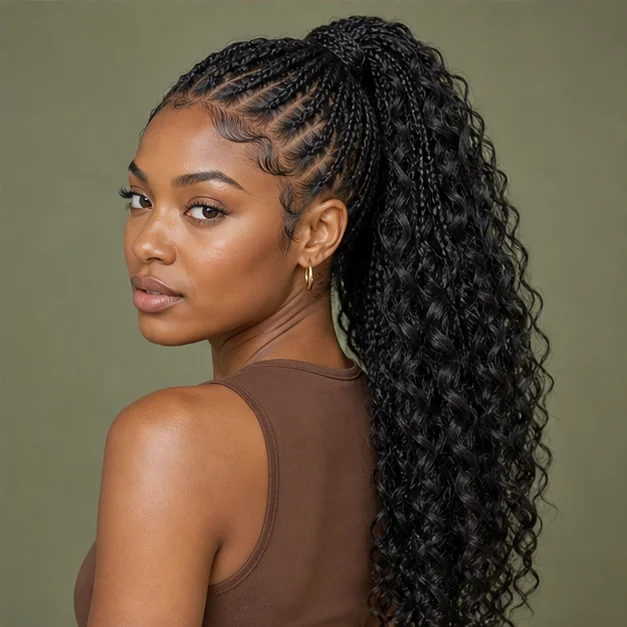 Black woman with goddess braids in a ponytail