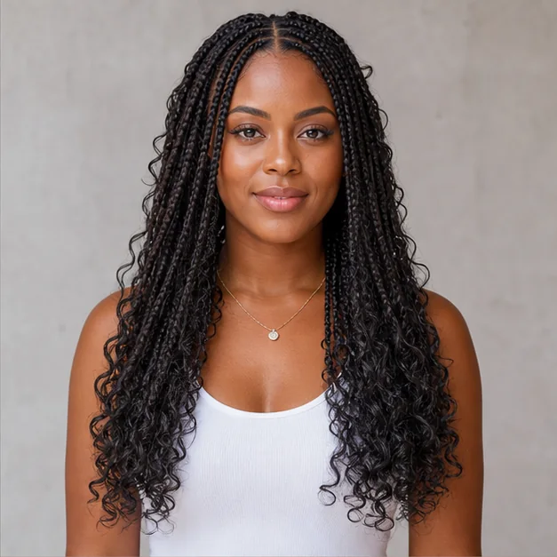 Black woman with goddess braids ending in curls