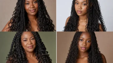 Collage of four goddess braid hairstyles on Black women