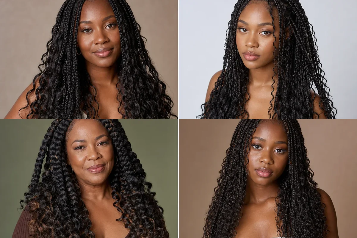 Collage of four goddess braid hairstyles on Black women