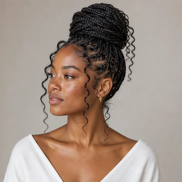 Black woman with goddess braids in a high bun