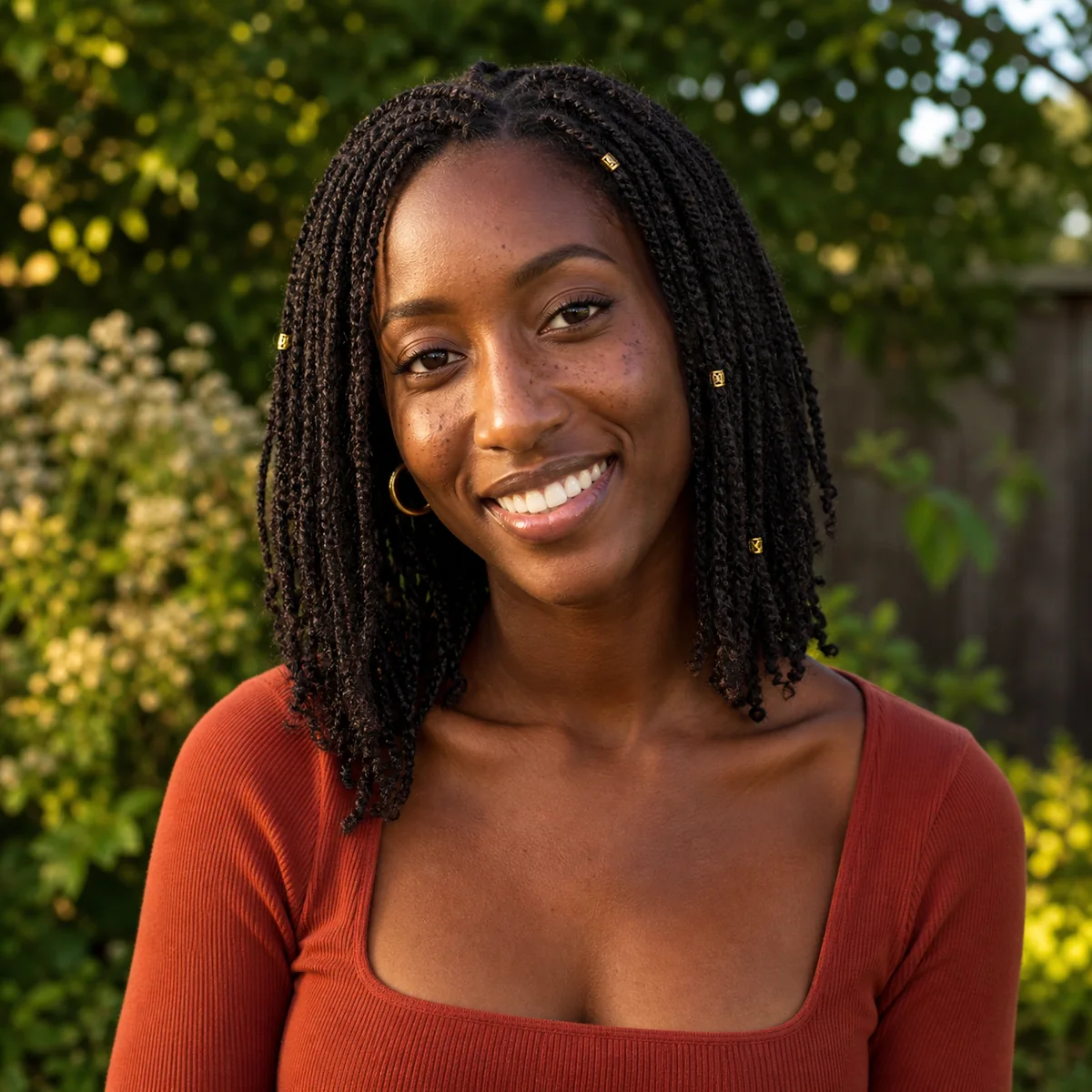 Black woman with mini twists decorated with gold cuffs
