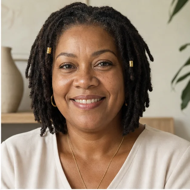 Black woman with short locs decorated with a few gold cuffs