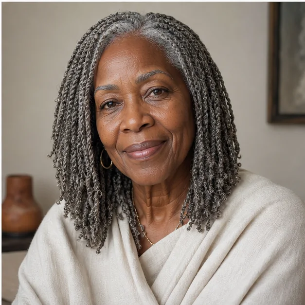 Mature Black woman with gray blended mini twists