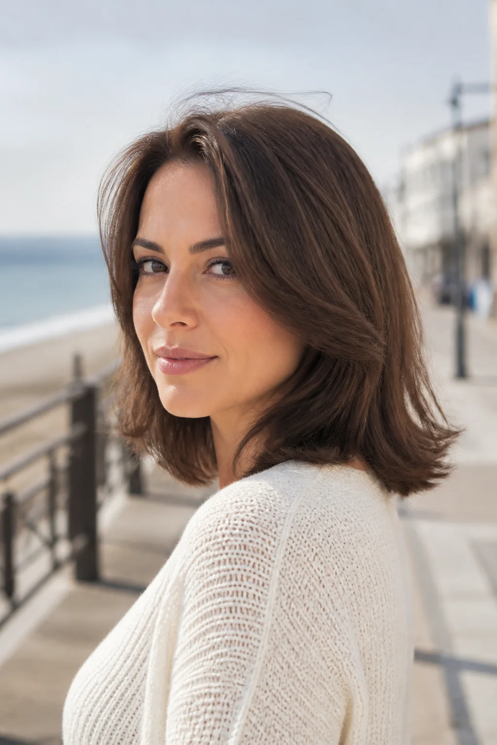 White woman with a grown-out brunette butterfly bob