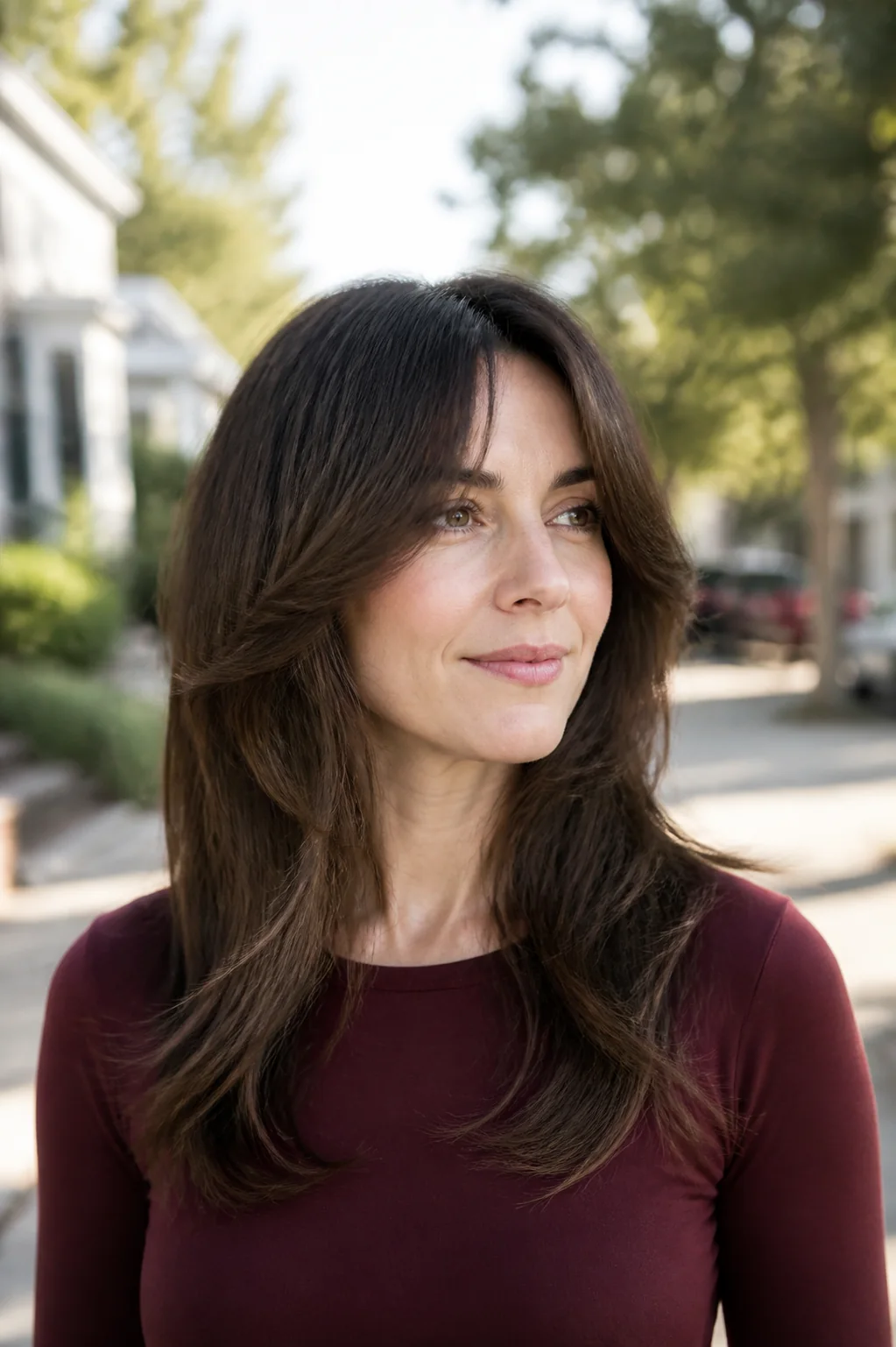 White woman with long brunette hair and grown-out curtain bangs