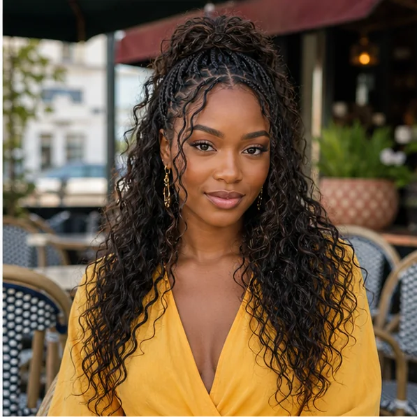 Black woman wearing boho braids in a half up hairstyle