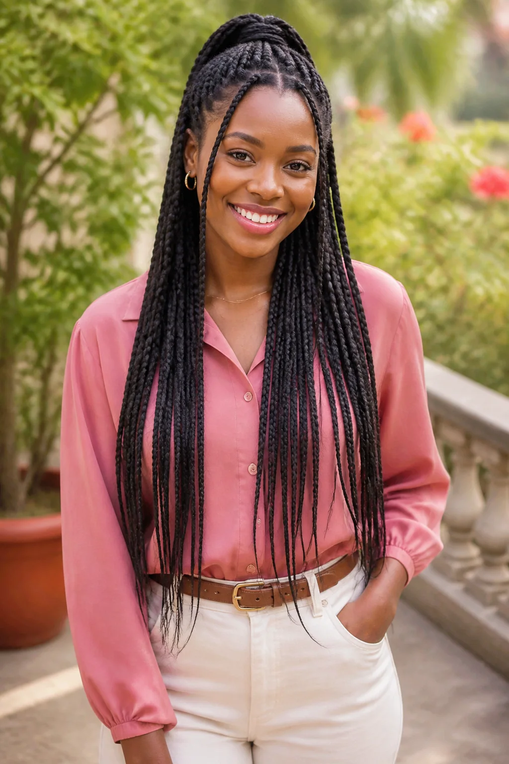 Black woman with half-up half-down box braids