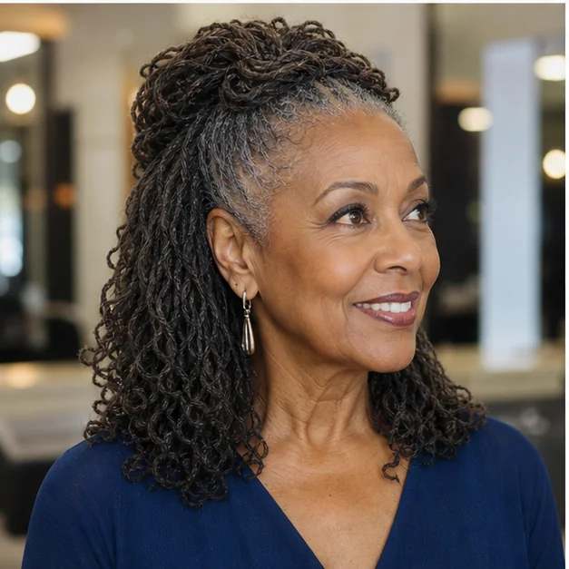Black woman over 50 with half-up Sisterlocks and soft crown lift