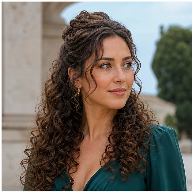 Woman with long curls styled half up
