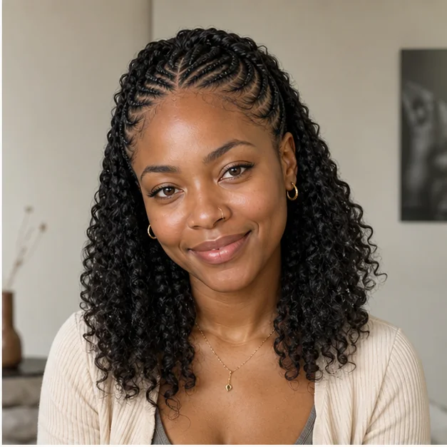 Black woman with half-up feed-in braids and loose lengths