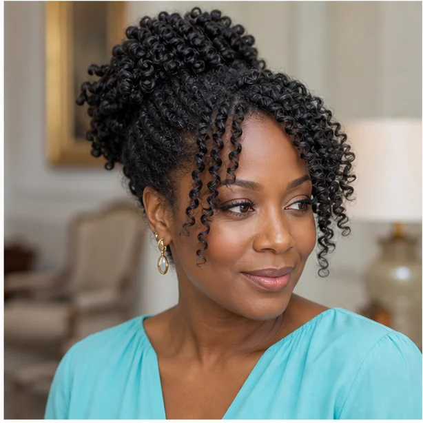 Black woman wearing finger coils in a half-up hairstyle