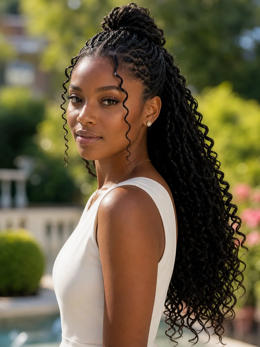 French curl braids styled half up and half down