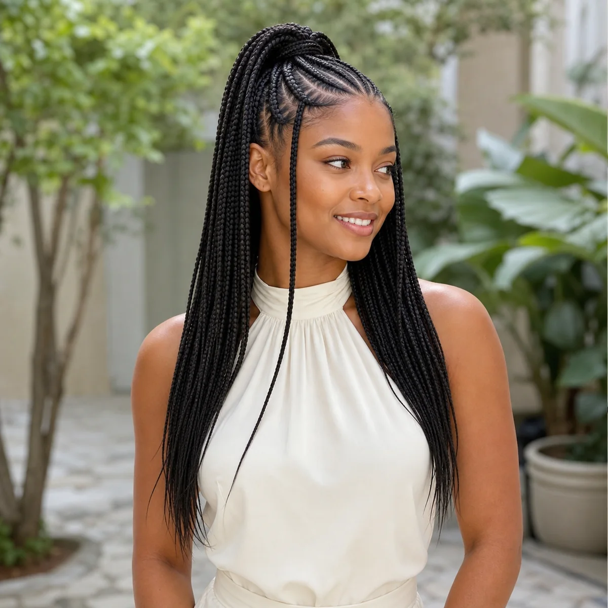 Fulani braids styled half up and half down