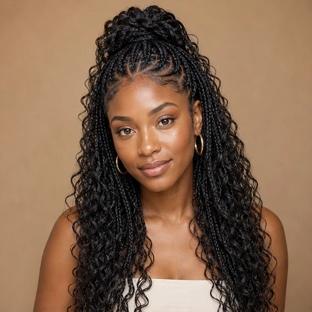Black woman wearing half-up goddess braids