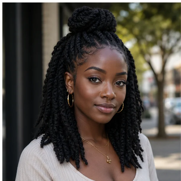 Black woman wearing Marley twists half up