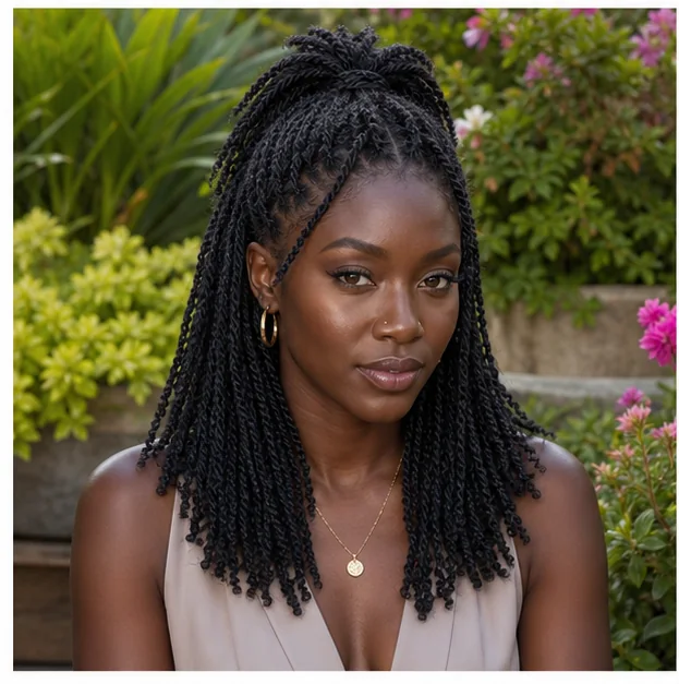 Black woman wearing mini twists half up