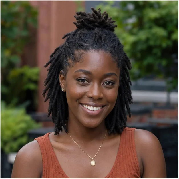 Black woman wearing short locs in a small half up style