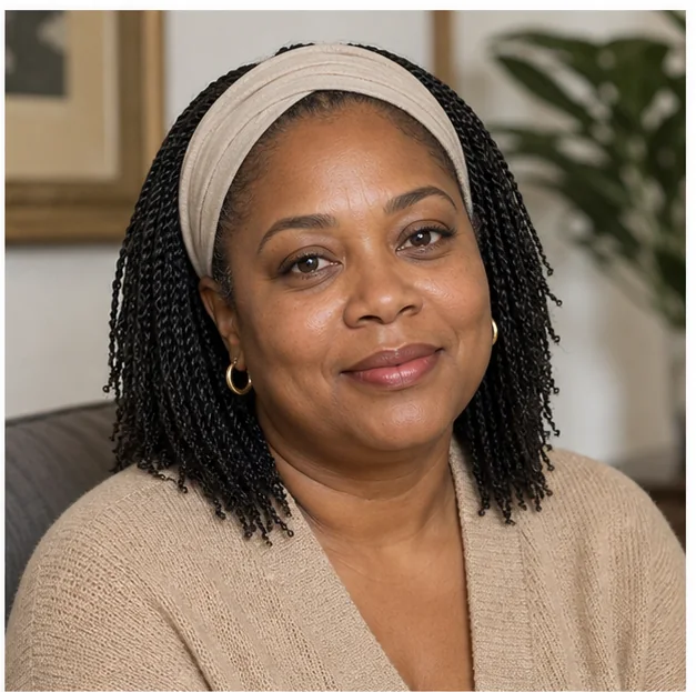 Black woman wearing mini twists with a fabric headband