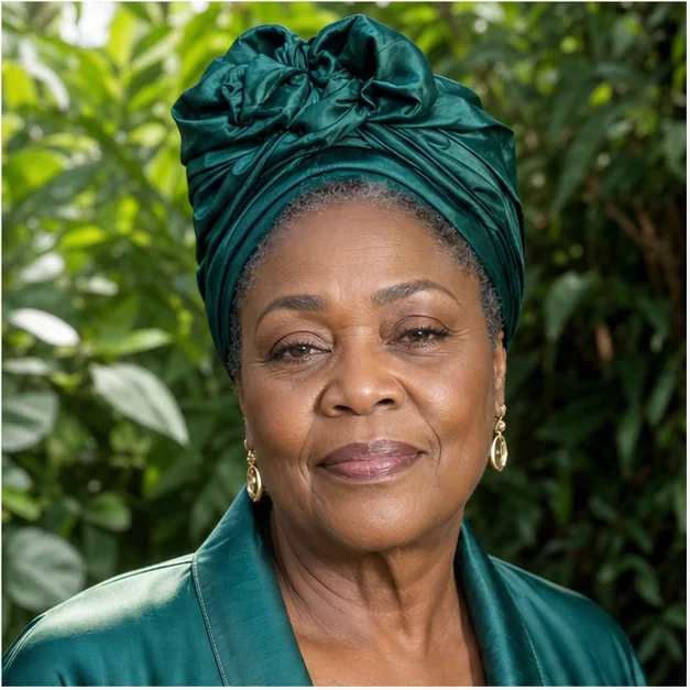 Black woman wearing a colorful headwrap over a gently tucked natural-hair base