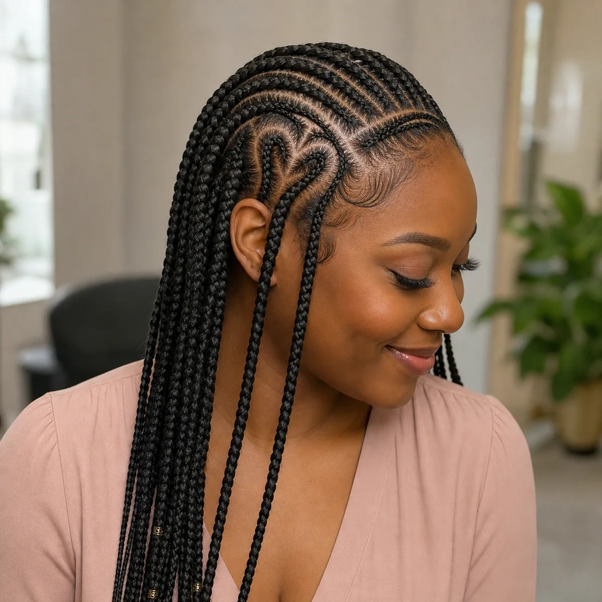 Fulani braids with a heart-shaped temple part