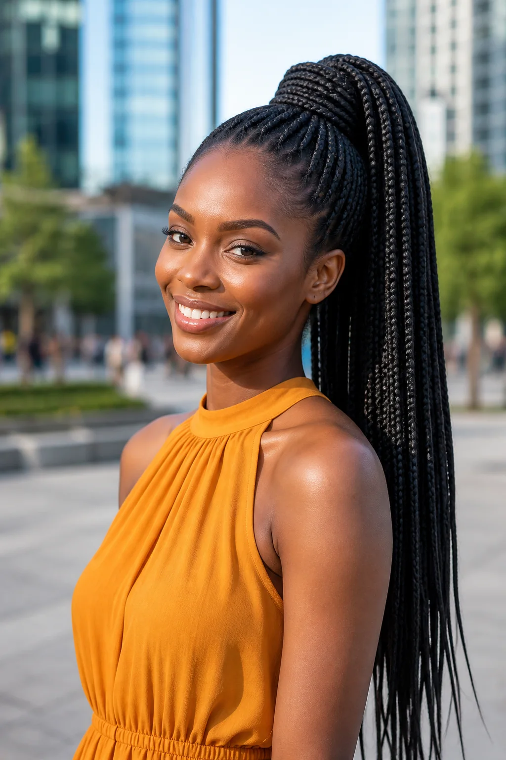 Black woman with box braids in a high ponytail
