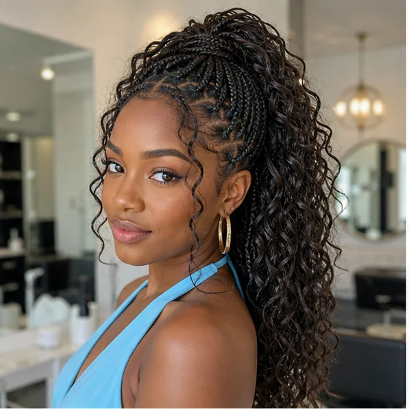 Black woman wearing boho braids in a high ponytail