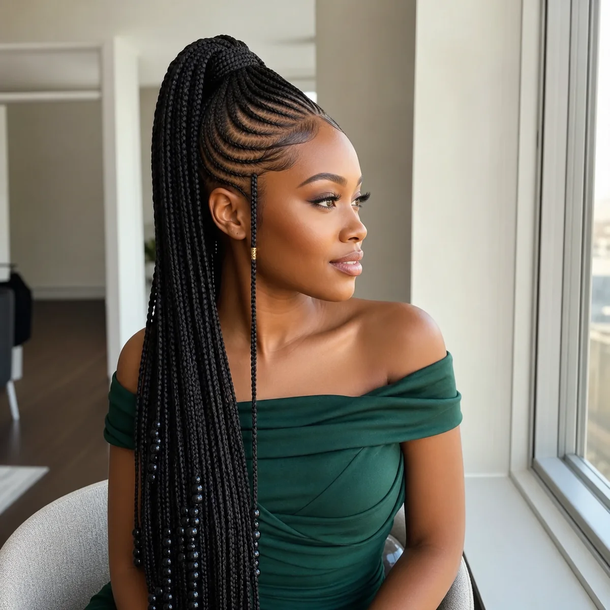 Long Fulani braids gathered into a high ponytail