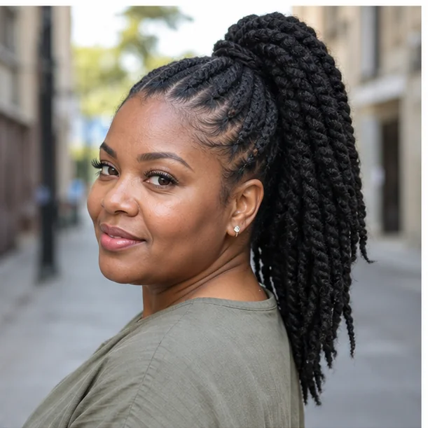Black woman wearing Marley twists in a high ponytail