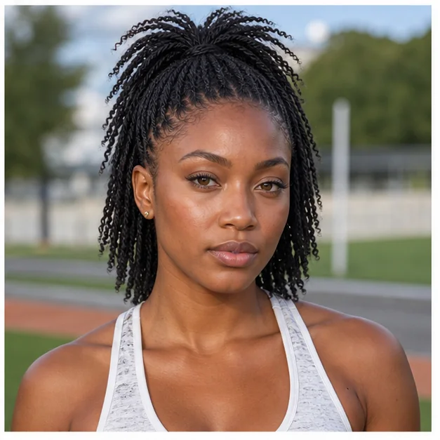 Black woman with mini twists in a high ponytail