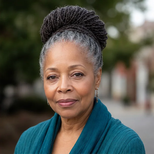 Black woman over 50 wearing a high Sisterlocks bun with soft edges