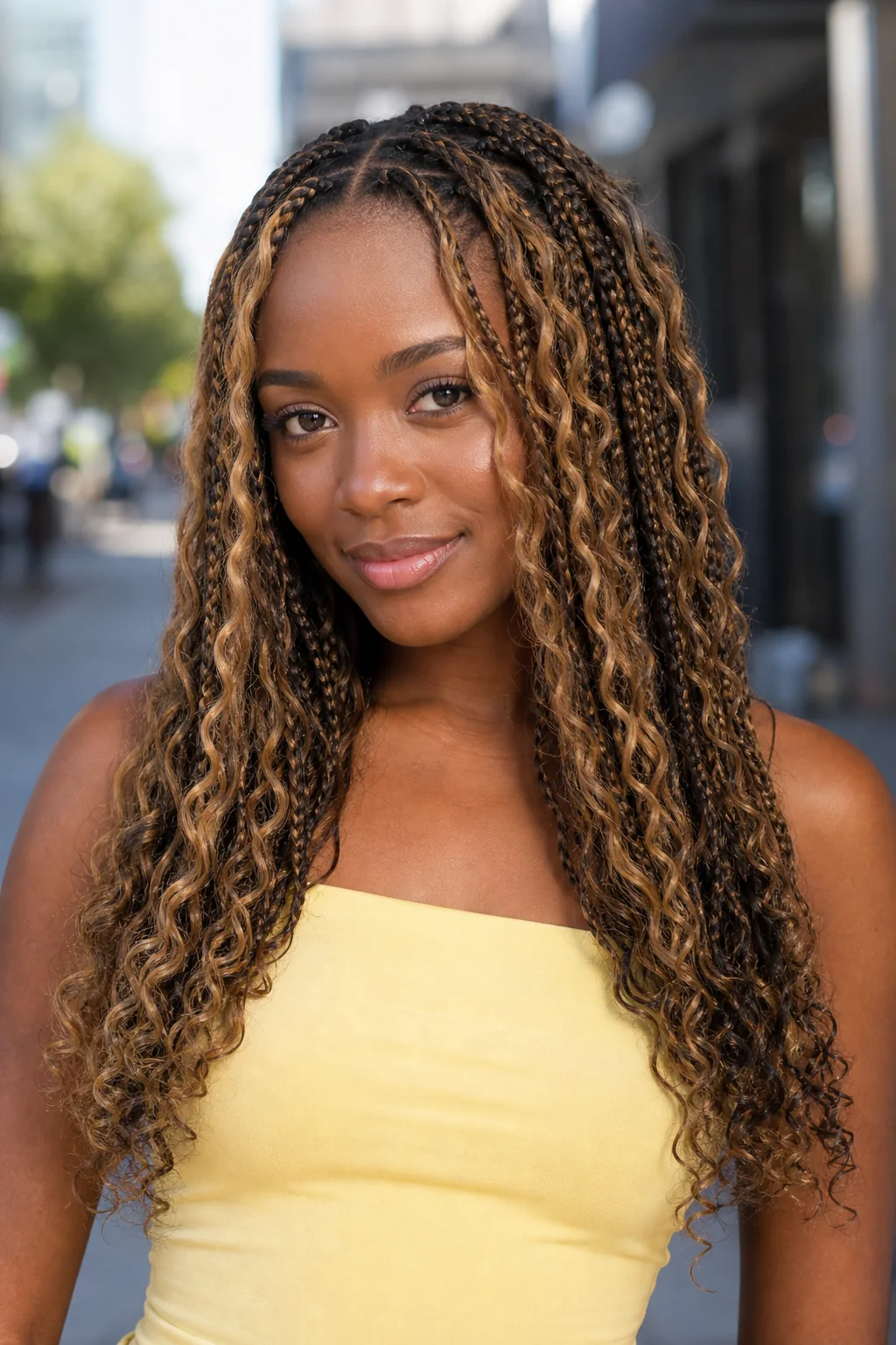 Black woman with honey blonde boho braids and dark roots