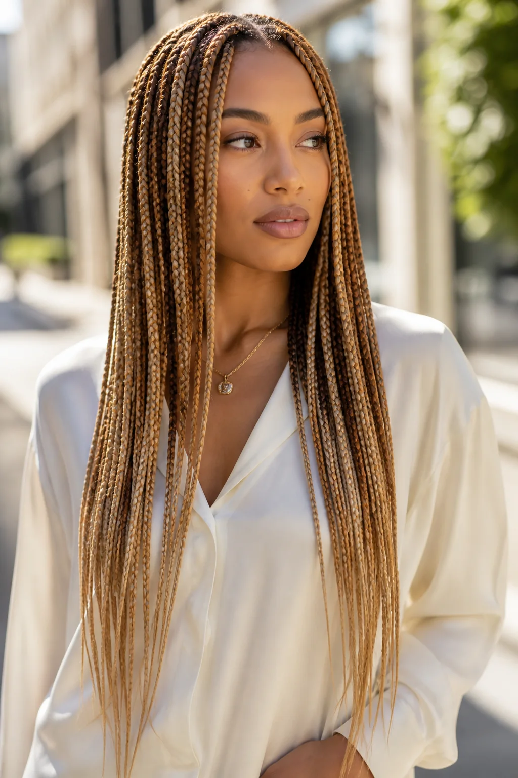 Black woman with dimensional honey-blonde box braids