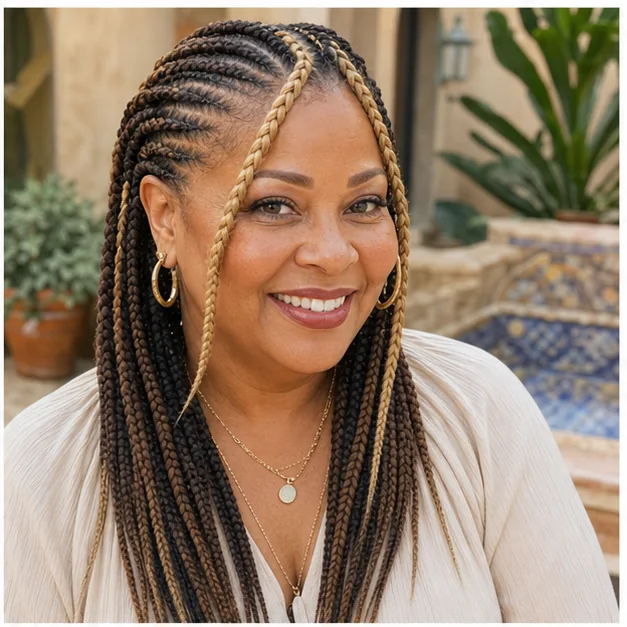 Black woman with honey-blonde highlighted feed-in braids