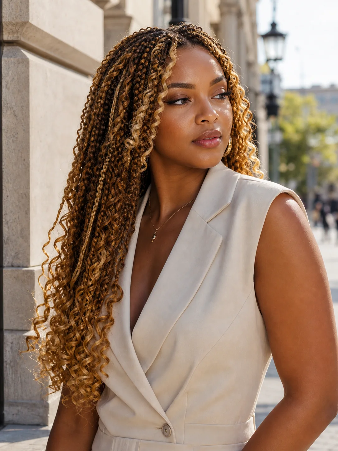 Honey-blonde French curl braids with dimensional spirals