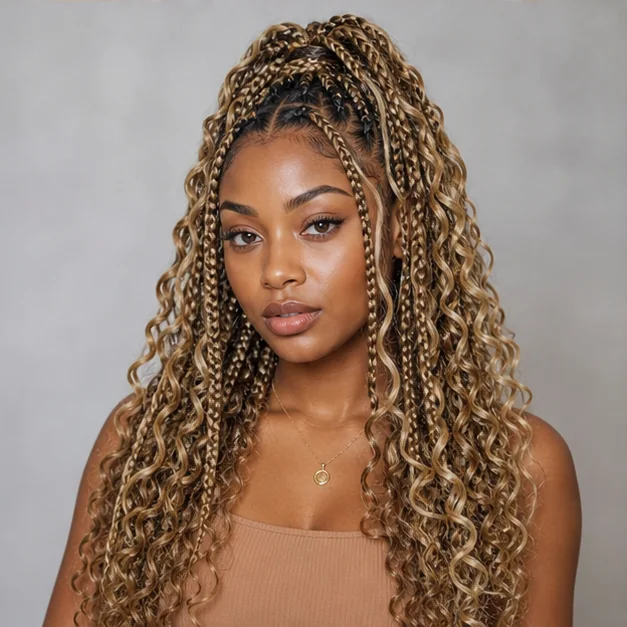 Black woman with honey-blonde goddess braids