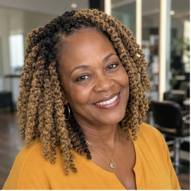 Black woman with honey blonde highlighted Marley twists