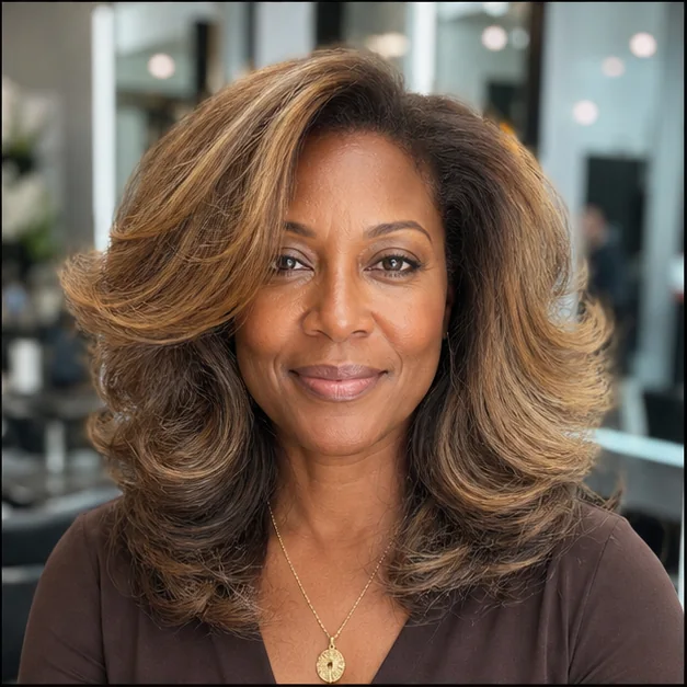 Black woman with a honey-brown fluffy press hairstyle