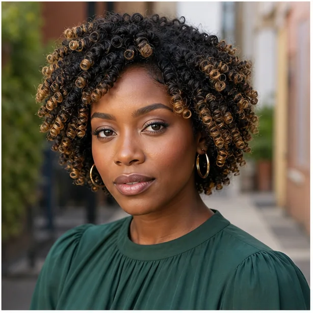 Black woman with honey highlights through defined finger coils