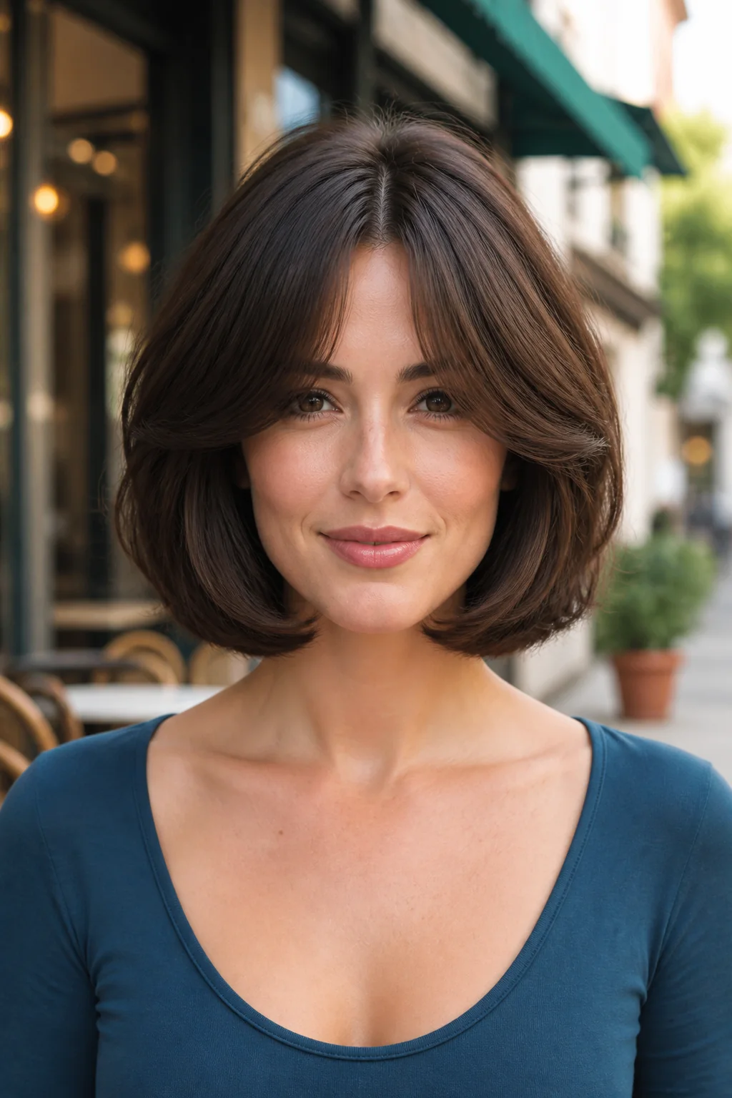 White woman with brunette hair wearing an Italian bob with curtain bangs