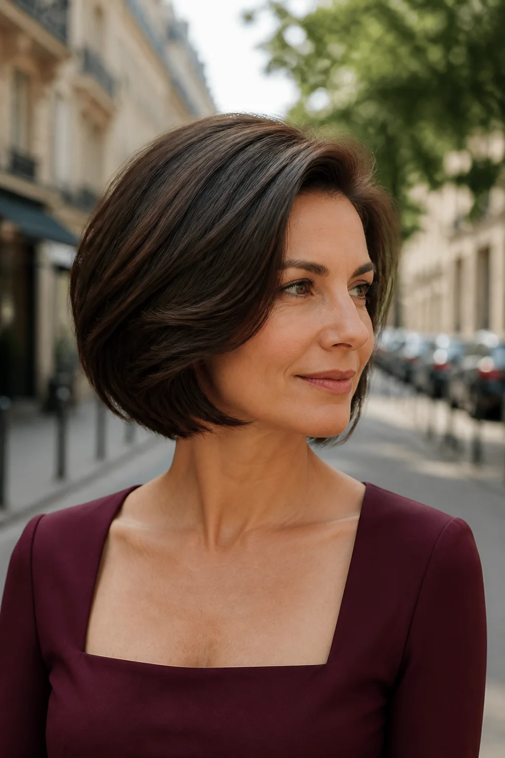 White woman with dark brunette hair wearing an Italian bob with a deep side part